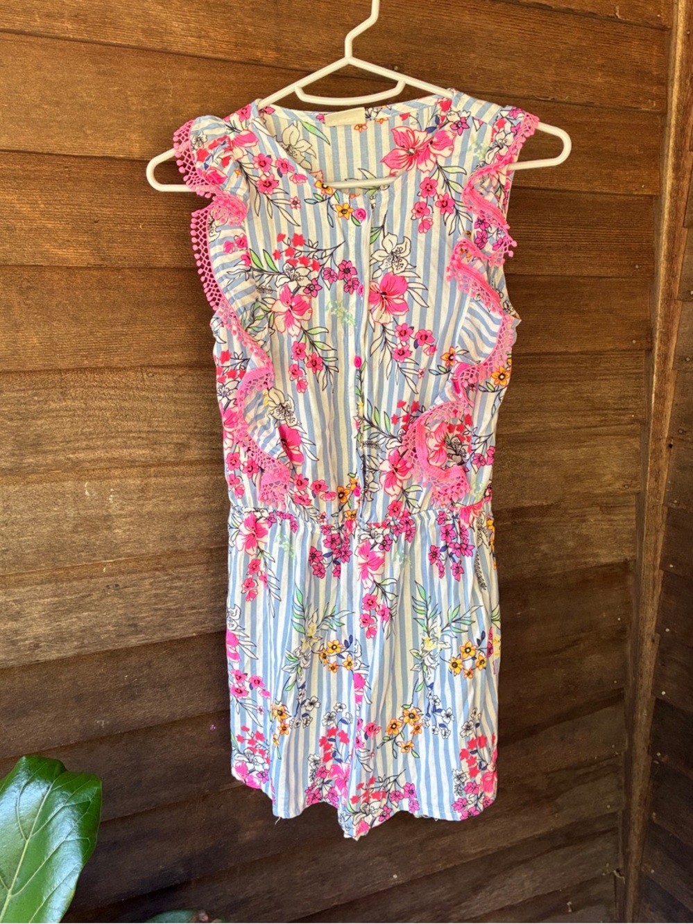 Floral Stripe Pink Trim Girls' One-Piece Romper